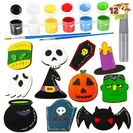 JOYIN 12 pcs Halloween Wooden Painting Crafts Kit, Creativity Painting Kit Includes 2 Color Pens for Kids Paint Gift, Family Activities Party Favor JOYIN