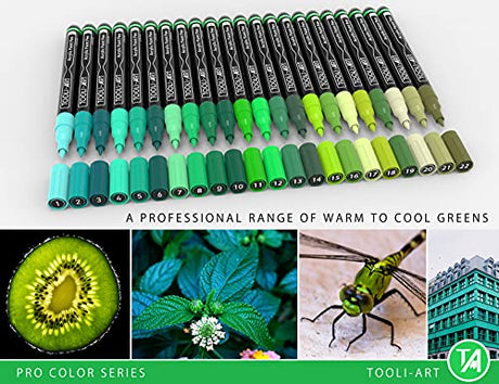 Acrylic Paint Pens 22 Green Tones Assorted Pro Color Series Markers Set 0.7mm Extra Fine Tip for Rock Painting, Glass, Mugs, Wood, Metal, Canvas, DIY TOOLI-ART