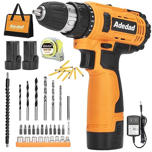 Adedad 12V Cordless Drill Set Electric Power Drill with 2 Batteries and Charger, 3/8 Inch Keyless Chuck, 300 In-lbs Torque, 21+1 Position, 2 Variable