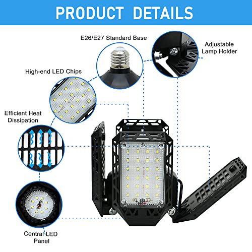 QiyuanLS LED Garage Light,150W Deformable LED Garage Ceiling Lights,15000LM Garage Lights with 4 Adjustable Panels, E26/E27 LED Shop Lights for QiyuanLS