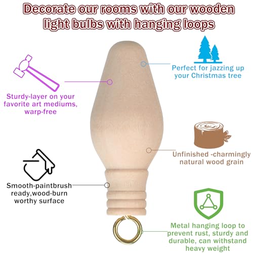 Wenqik Wooden Christmas Light Bulb Unfinished Wood Ornaments for Crafts and Christmas Tree 2-1/8'' Wooden Light Bulb Christmas Tree Ornament with