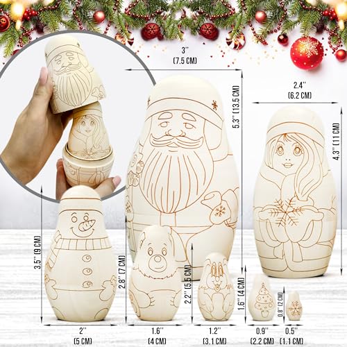 AEVVV Unfinished Russian Christmas Crafts Set 7 pcs - Unpainted Christmas Nesting Dolls Blank - Paint Your Own Matryoshka Father Frost, Snow Maiden, - WoodArtSupply