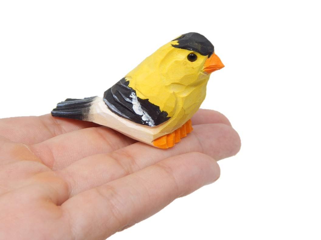 Selsela American Goldfinch - Finch Miniature Handmade Wooden Yellow Bird Art Carved Ornament Figurine Small Animals Collectible Selsela