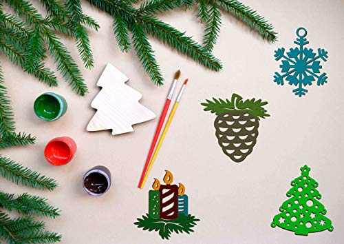 Inkdotpot 18pcs Wooden Christmas Ornaments, Unfinished Wooden Laser Cutouts Snowflakes/Tree Shaped Embellishments Hanging Ornament for Christmas Inkdotpot