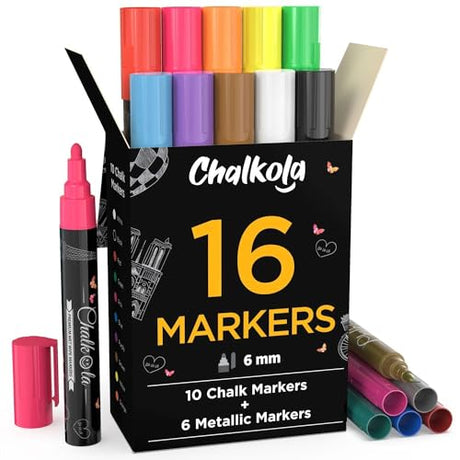 Chalkola Liquid Chalk Markers & Metallic Colors Pack of 16 Chalk Pens - for Chalkboard, Blackboards, Window, Glass, Bistro | 6mm Reversible Bullet & Chalkola