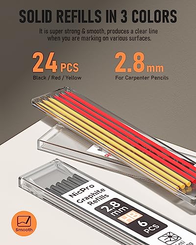 Nicpro 2 Pack Carpenter Pencil Set with Sharpener & Finger Grip, Solid Mechanical Pencils with 26 Refills (Red, Black, Yellow), Deep Hole Marker Nicpro