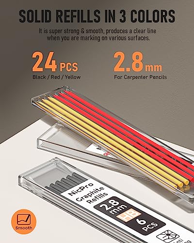 Nicpro 2 Pack Carpenter Pencil Set with Sharpener & Finger Grip, Solid Mechanical Pencils with 26 Refills (Red, Black, Yellow), Deep Hole Marker - WoodArtSupply