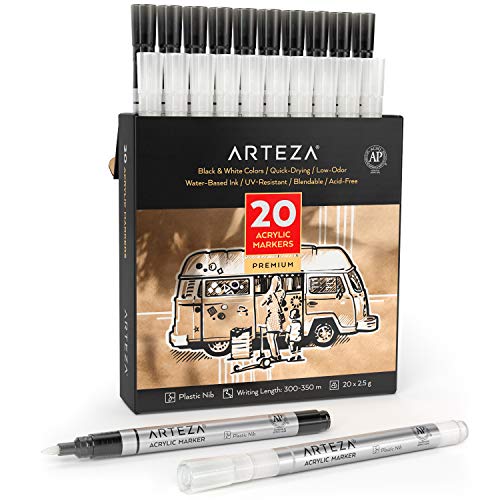 Arteza Acrylic Paint Markers, Pack of 20 Black & White Acrylic Paint Pens, Painting Art & Craft Supplies for Canvas, Glass, Plastic, and Rock - WoodArtSupply