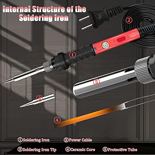 Soldering Kit, 60W Soldering Iron, 110V Welding Kit with Ceramic Heater, Portable Solder Iron Kit with 5pcs Soldering Tips, Stand, Solder Tube, - WoodArtSupply