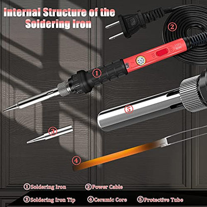 Soldering Kit, 60W Soldering Iron, 110V Welding Kit with Ceramic Heater, Portable Solder Iron Kit with 5pcs Soldering Tips, Stand, Solder Tube, - WoodArtSupply