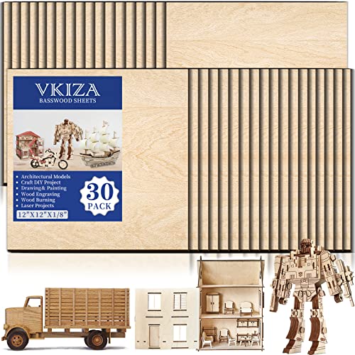 30 Pack Basswood Sheets 12"x12"x1/8", 3mm Basswood for Laser Cutting, Thin Plywood Board Unfinished Wood for Crafts, DIY Architectural Models Making, VKIZA