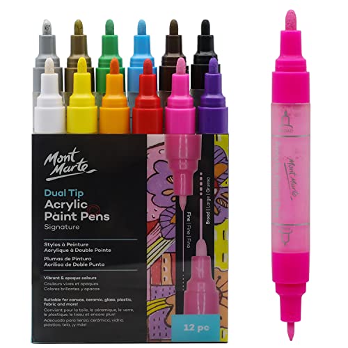 MONT MARTE Dual Tip Acrylic Paint Pens Signature 12pc, Vibrant And Opaque Acrylic Based Ink, DIY, Design, Decorate and Draw On Canvas, Glass, Ceramic - WoodArtSupply