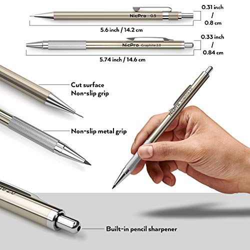 Nicpro 6 PCS Art Mechanical Pencils Set, Metal Artist Drafting Pencil 0.3 & 0.5 & 0.7 & 0.9 mm & 2 PCS 2mm Graphite Lead Holder(4B 2B HB 2H) For Nicpro