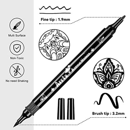 Arrtx Black Acrylic Paint Pens - 8 Pack Brush Tip and Fine Tip (Dual Tip) Black Paint Markers for Rock Painting, Water Based Acrylic Painting - WoodArtSupply