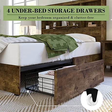 AMERLIFE Rustic Brown Queen Size Wooden Platform Bed with LED Bookcase Headboard, Storage Drawers & Charging Station AMERLIFE
