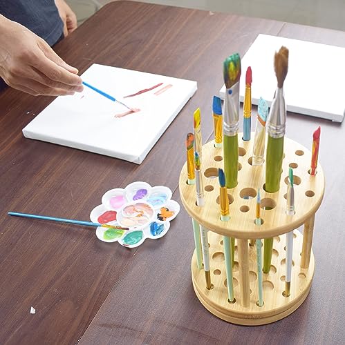 Yeeyeah 360 Rotating Bamboo Paint Brush Holder-Large Capacity Watercolor Paint Brush Holder Display Stand And Organizer for Desk, Arts and Crafts Yeeyeah