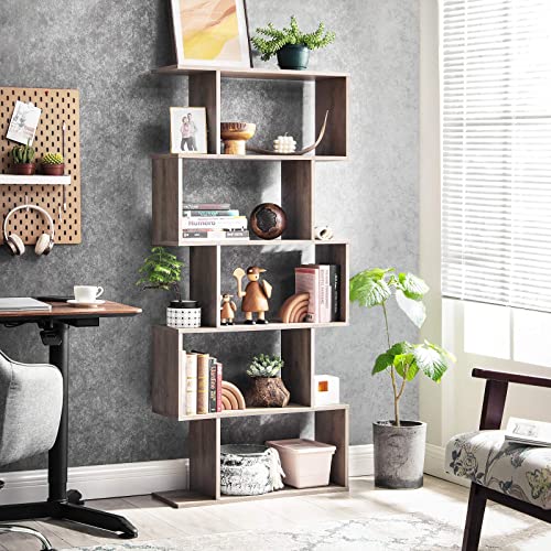 VASAGLE Wooden Bookcase, Display Shelf and Room Divider, Freestanding Decorative Storage Shelving, 5-Tier Bookshelf, Greige ULBC062M01 9.4D x 27.6W x