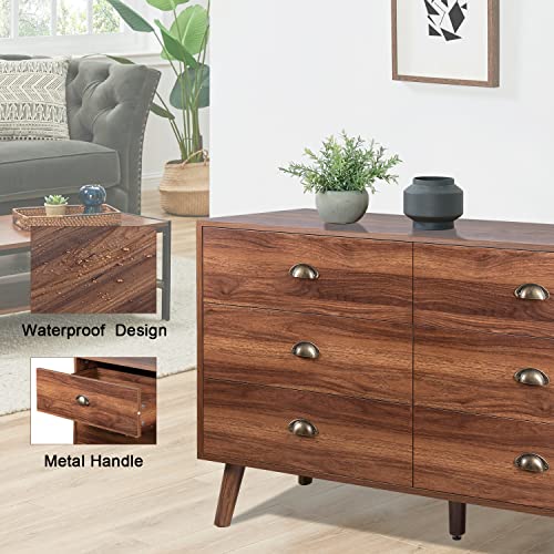 JOZZBY 6 Drawer Dresser with Metal Handle for Bedroom, Mid-Century, Modern Walnut Wood Dresser Chest of Drawers for Living Room, Hallway JOZZBY