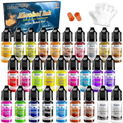 Alcohol Ink Set - 28 Bottles Vivid Colors High Concentration Metallic Alcohol Paint Resin Dye, Safe Fast Drying Effect, Alcohol Ink for Epoxy Resin, - WoodArtSupply