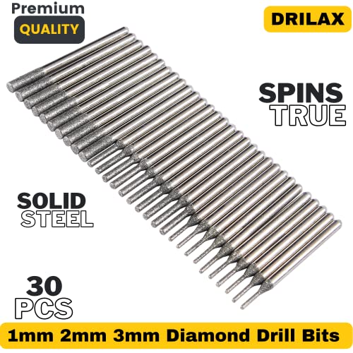 Diamond Drill Bits 1mm 2mm 3mm 30 pcs Diamond Jewelry Drill Bits for Sea Glass Shells Gem Stones Lapidary Equipment Compatible with Dremel Diamond DRILAX