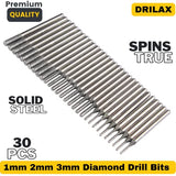 Diamond Drill Bits 1mm 2mm 3mm 30 pcs Diamond Jewelry Drill Bits for Sea Glass Shells Gem Stones Lapidary Equipment Compatible with Dremel Diamond DRILAX