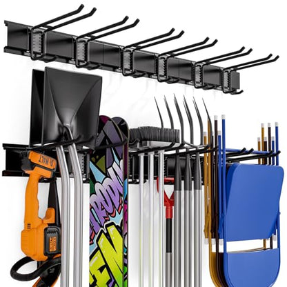 INCLY Garden Tool Organizer Wall Mount, 48 Inch Metal Garage Wall Storage Rack Heavy Duty Yard Tool Holder with 6 Adjustable Hooks and 3 Racks for - WoodArtSupply