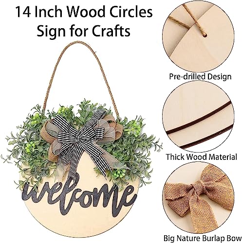 12 Pcs 14 Inch Wood Circles for Crafts Unfinished Wooden Slice Blank Round Wooden Door Hanger Sign Round Wooden Discs with Bows,Twine, Glue Point for