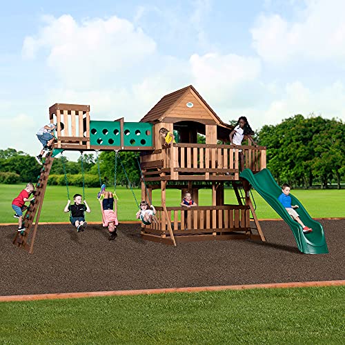 Backyard Discovery Woodridge Elite All Cedar Wood Swing Set, Upper and Lower Deck, Sandbox, Vented Tunnel, Rock Climbing Wall, Coated Rope Belted