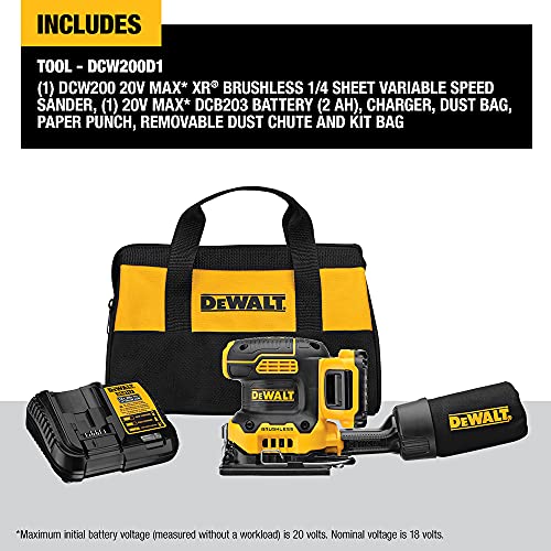 DEWALT 20V MAX* XR Palm Sander, Sheet, Variable Speed, 2-Ah Battery, 1/4-Inch (DCW200D1) DEWALT