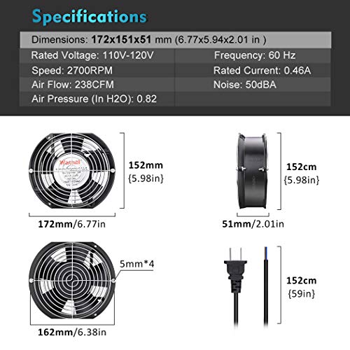 Wathai AC 110V 120V Axial Fan Big Airflow High Speed Dual Ball 172mm x 150mm x 51mm for DIY Cooling Ventilation Exhaust Projects For Server Wathai