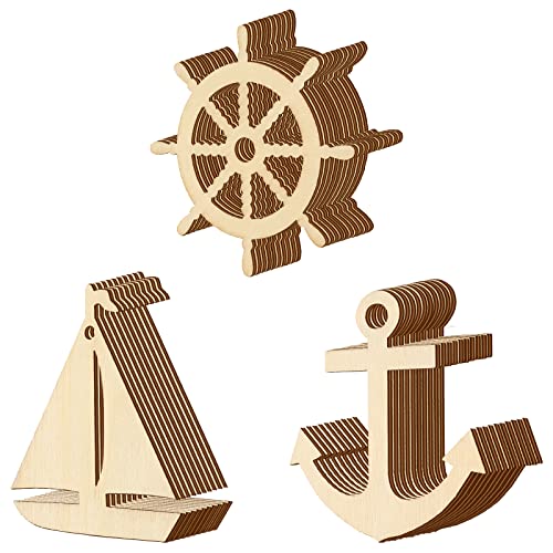 Wooden Anchor for Crafts Unfinished Sailboat Wheel Cutouts Nautical Party Classroom Decor with Rope DIY Paint Crafts for Kid Hanging Ornaments for