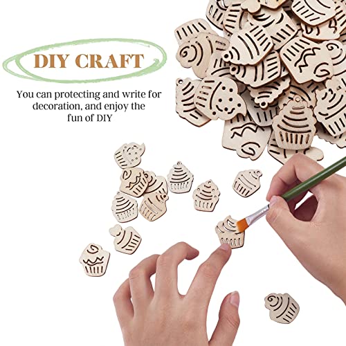 KitBeads 100pcs Random Hollow Cake Unfinished Wood Cutouts Wooden Cupcake Dessert Theme Filligree Wooden Ornament for DIY Crafts Home Decorations