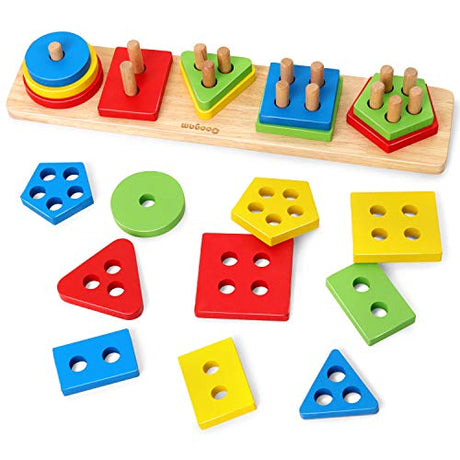 Coogam Wooden Sorting Stacking Montessori Toys, Shape Color Recognition Blocks Matching Puzzle Stacker Geometric Board Early Educational Puzzles for Coogam