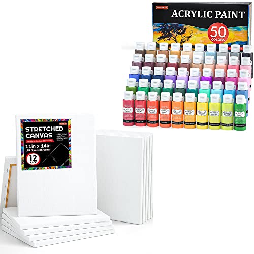 Shuttle Art Stretched Canvas and Acrylic Paint Bundle, Art Painting Supplies Set for 50 Colors Acrylic Paint Bottles (60ml/2oz) & 12 Pack Painting Shuttle Art