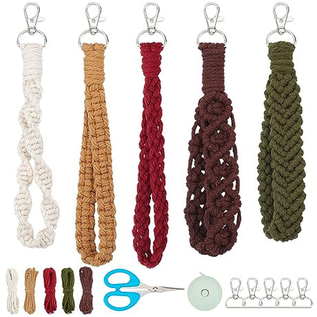 INFUNLY 5 Set Colorful Macrame Cord Knotting Kits for Adults DIY Macrame Wristlet Keychain Kits Macrame Handcraft Boho Mini Tassel Keychain Bracelet INFUNLY