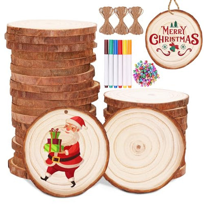 Max Fun Natural Wood Slices 30PCS 2.8-3.5'' Crafts DIY Wooden Christmas Ornaments Unfinished Predrilled Round Wood Circles for Arts and Crafts
