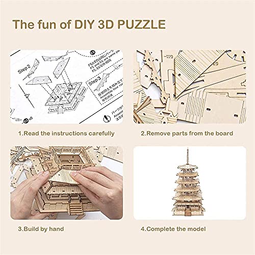 Rolife 3D Wooden Puzzles Temple Building Kit - 275PCS Japanese Five-storied Pagoda 13" Model Craft Kits for Adults/Boys/Girls Rolife