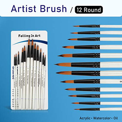 Falling in Art Paint Brushes Set, 12 PCS Nylon Professional Round Paint Brushes for Watercolor, Oil Painting, Acrylic, Face Body Nail Art, Crafts, - WoodArtSupply