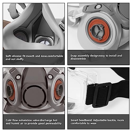 Respirator Mask, Half Face Cover Gas Mask with Safety Glasses Reusable Professional Breathing Protection, for Painting, Organic Vapor, Welding, RZHSMDM