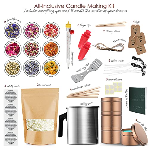 Hearth & Harbor Natural Soy Candle Making Kit for Adults, DIY Candle Making Kit for Kids with Dried Flowers for Candle Making, 50 Piece Make Your Own Hearth & Harbor