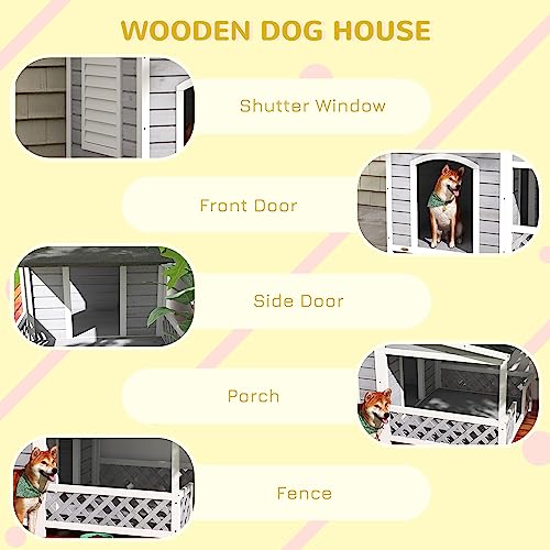 PawHut Wooden Dog House Outdoor with Porch, Cabin Style Raised Dog Shelter with Asphalt Roof, Doors, and Shutter Window, for Medium Large Sized Dog, PawHut