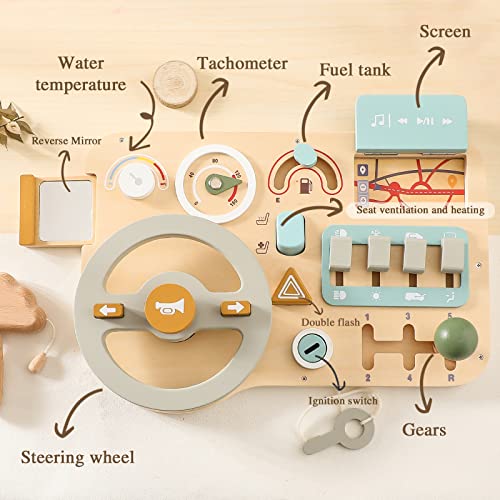 Wooden Busy Board Montessori Toys Steering Wheel for Toddlers, Car Driving Toddler Busy Board Wooden Sensory Toys for Kids 3+ Years Old Preschool WOODEN TEETHER