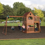 Backyard Discovery Hillcrest All Cedar Wooden Swing Set, Upper Covered Fort, Lower Playhouse, Picnic Area, Sandbox, Step Ladder, 10 ft Wave Slide, Backyard Discovery