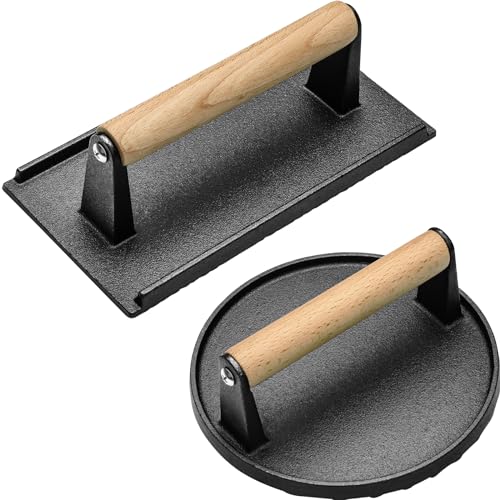 Zacfton Burger Press Set of 2, Bacon Press Burger Smasher for Griddle, 7” Round Grill Press & 8” X 4.2” Rectangle Hamburger Press with Wood Handle, - WoodArtSupply