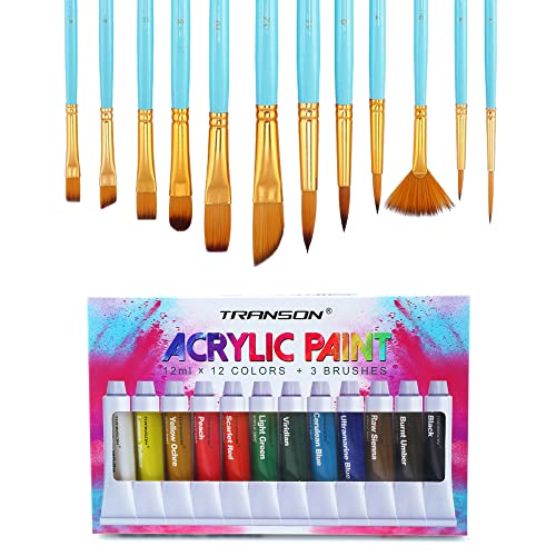 Transon Art Painting Brush Assorted Set of 12 with Acrylic Paint Set 12-Color