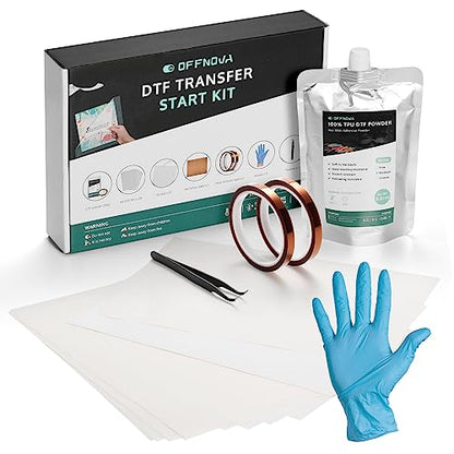 OFFNOVA DTF Transfer Film for Sublimation and Powder Kit, All-in-1 DTF Starter Kit, 20 Sheets A4 DTF Transfer Film, 250g White Hot Melt DTF Powder, - WoodArtSupply