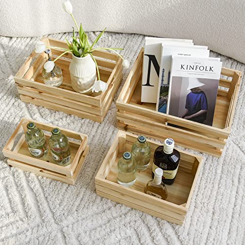 MACVAD Set of 4 Large Wooden Crates Unfinished Office Storage Crates, Decorative Wood Storage Crates for Display, Rustic Pine Wood Organizer Bin MACVAD