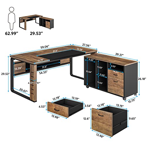 LITTLE TREE 59'' Large Executive Desk with 39.4'' File Cabinet, L-Shaped Computer Desk with Drawer Cabinet, Industrial Wooden Corner Desk Business