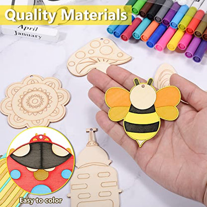 60Pcs Wood Cutouts Ornaments for Crafts Butterfly Flower Unfinished Wooden Slices DIY Paint Crafts Blank Hanging Embellishment for Kids Painting