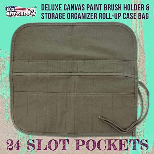 U.S. Art Supply Deluxe Canvas Art Paint Brush Holder & Storage Organizer Roll-Up Case Bag - 24 Slot Pockets Carry Pouch - Protect Artist Acrylic Oil US Art Supply